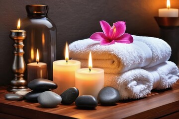 Fototapeta na wymiar Towels and aroma candles for relax spa massage and body treatment. Composition with candles, spa stones, flowers Spa setting ready for beauty treatment. Generative AI