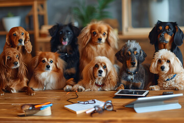 Funny dogs with teamwork meeting. Business dogs in office workplace.