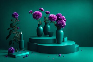 Podium and brigth purple flowers on dark teal background. Scene to show cosmetic products. Mock up. Trendy color 2023 - Powered by Adobe