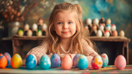 Fototapeta na wymiar Cute curly-haired girl coloring Easter eggs at home at the table. The family is getting ready to celebrate Easter.