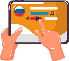 Hands interacting with mobile tablet screen interface. User adjusting audio settings on a digital device. Touchscreen technology and multimedia control vector illustration.