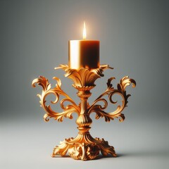 burning golden candle in a candlestick - obrazy, fototapety, plakaty