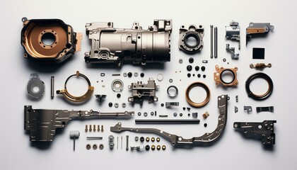 Assorted Parts Displayed on White Surface, Mechanical and Electronic Components.