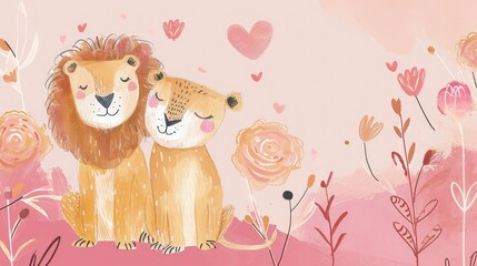 Watercolor of cute couple Lion in love, copy space.