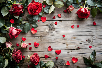 Wooden table background with valentines day red rose on background.