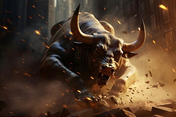 bull power on stock exchange on city street, Generative AI