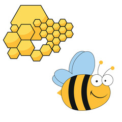 A funny, kind, vector bee with honeycombs in which honey. For registration, methodological, manuals, literature, teachers, children, parents