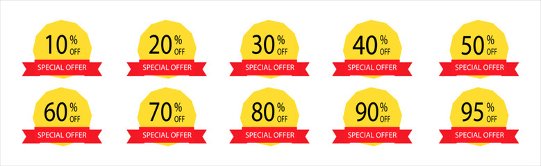 Sale tags collection. Yellow tag templates with special offers. Seasonal sale, Limited offer. Tags with shadow, isolated on white background. Vector illustration.