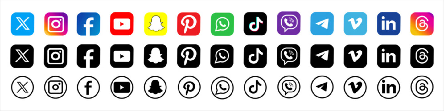 Vinnytsia, Ukraine - January 12, 2024. Social media icons. Facebook, Twitter, Social, Media, Instagram, Youtube, Snapchat, Skype, Whatsapp. Realistic Logo. Realistic editorial set