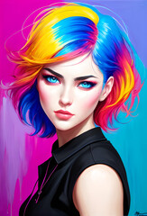 Fototapeta premium Portrait of a girl, photorealistic colorful oil paints, abstract execution, painting of a woman face, Fantasy concept , Conceptual closeup of an oil painting and palette, Generative AI