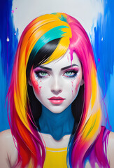 Portrait of a girl, photorealistic colorful oil paints, abstract execution, painting of a woman face, Fantasy concept , Conceptual closeup of an oil painting and palette, Generative AI