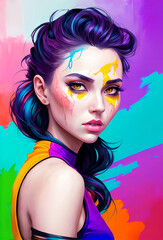 Obraz premium Portrait of a girl, photorealistic colorful oil paints, abstract execution, painting of a woman face, Fantasy concept , Conceptual closeup of an oil painting and palette, Generative AI