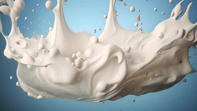 Realistic super slow motion of flying milk splash on blue background. Dairy drink product, Healthy creamy milk close up