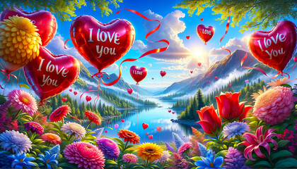 Fototapeta na wymiar Romantic Valentine's Day card. Red heart balloons with I Love You float over a serene lake, lush flowers and mountains.