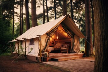Camping in a lush green forest, surrounded by nature, with a tent and beautiful sunset views.