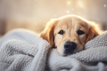 A cute and charming Labrador puppy lies on a cozy blanket and radiates happiness and warmth.