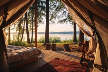 Scenic summer camping in the middle of nature with a tent, hammock and serene lake views. - Powered by Adobe