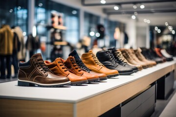 A showcase of stylish and fashionable shoes in a luxury boutique with a modern design.