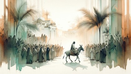 Obraz premium Jesus entering in Jerusalem. Palm Sunday. New Testament. Watercolor Biblical Illustration 