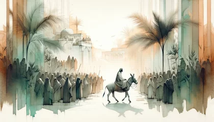 Foto op Plexiglas Jesus entering in Jerusalem. Palm Sunday. New Testament. Watercolor Biblical Illustration  © Faith Stock