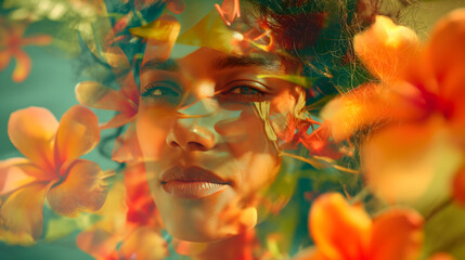 double exposure photography combining the image of a vibrant Brazilian woman with the lush, tropical flowers of Brazil