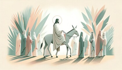 Obraz premium Jesus entering in Jerusalem. Palm Sunday. New Testament. Watercolor Biblical Illustration 