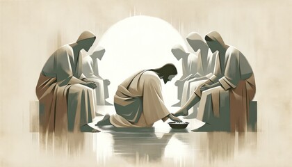 Washing of the Feet. Jesus. Maundy Holy Thursday. New Testament. Watercolor Biblical Illustration	