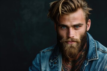 Portrait of a charming male model with a beard and casual wear