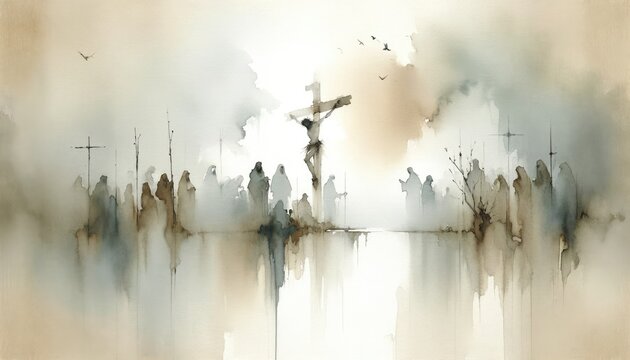 The Crucifixion. Passion. Good Friday. New Testament. Watercolor Biblical Illustration	