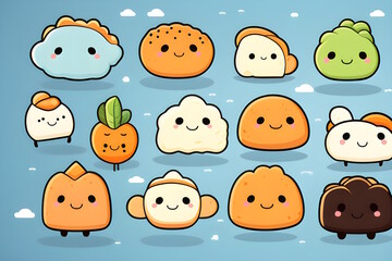Illustration with a variety of cute breads. Generative AI