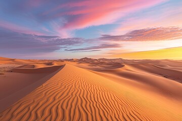 Fototapeta na wymiar A mesmerizing landscape of golden sand dunes, singing in the wind as the sun sets over the horizon, creating a stunning contrast against the deep blue sky and fluffy clouds