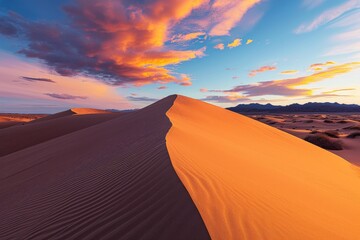 A majestic sand dune rises against a serene blue sky, its rippling surface beckoning to the horizon as the singing sand dances in the desert winds - obrazy, fototapety, plakaty