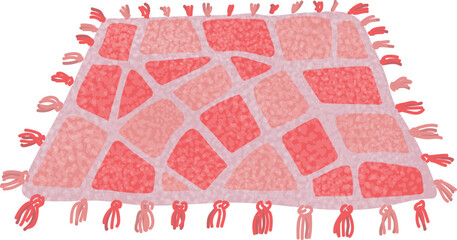 Fototapeta premium Red and pink patchwork blanket with tassels. Cozy home comfort, handmade quilt vector illustration.