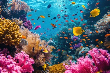 A colorful school of fish gracefully navigates through a vibrant coral reef, surrounded by the tranquil blue waters of their underwater world