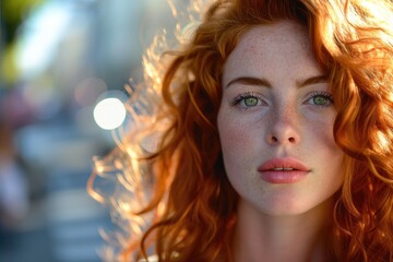 Fototapeta premium A striking portrait of a surfer girl with long, feathered red hair and freckled cheeks, her vibrant personality captured in the warm glow of an outdoor setting