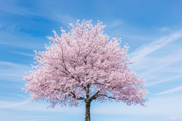 Fototapeta na wymiar Single cherry tree in full blossom against a blue sky