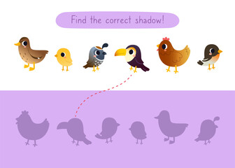 Mini game with cute birds for kids. Find the correct shadow of cartoon birds. Brainteaser for children.