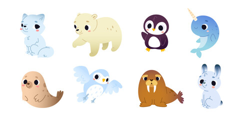 Set of cute arctic animals for children. Cartoon vector baby animal collection for kids.