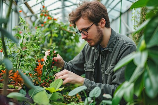 A solitary man tends to his lush garden of vibrant flowers, surrounded by the peaceful greenery of his greenhouse, as he carefully tends to each plant with the utmost care