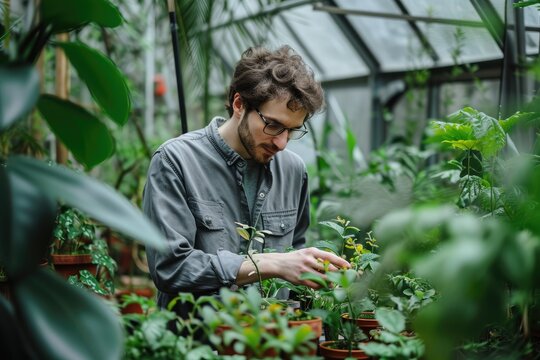 A green-clothed man tends to his bountiful herb garden in the serene outdoor greenhouse, surrounded by vibrant flowers and lush greenery