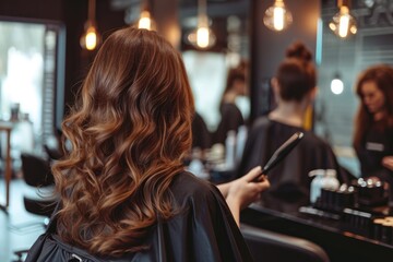 A reflective moment as a woman admires her flowing locks in a mirror while browsing through clothes in a shop