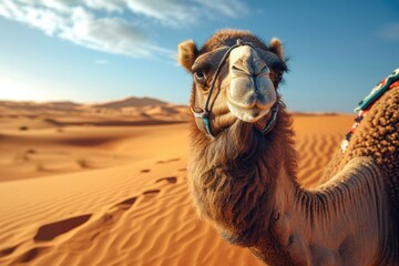 A majestic arabian camel traverses the sandy dunes of the sahara, its long legs gracefully navigating the aeolian landscape as the singing sand echoes through the vast natural expanse of the desert s - obrazy, fototapety, plakaty