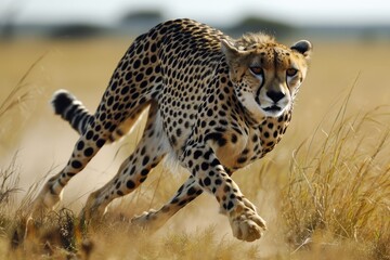 A magnificent cheetah dashes through the tall grass, embodying the untamed spirit of the wild and evoking a sense of awe in its graceful movements