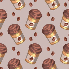 Seamless pattern, glasses with coffee and milkshakes on a beige background. Background, drinks, vector