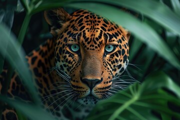 A majestic african leopard, with piercing blue eyes, stands tall amidst the lush greenery of its outdoor habitat at the zoo