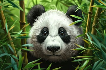 Fototapeta premium A curious giant panda explores the lush greenery of the woods, its furry snout grazing against the plants as it revels in its natural habitat as a majestic terrestrial animal