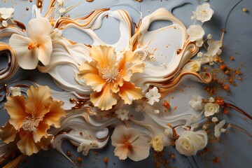 Beautiful abstract background with orange and white orchids and paint splashes.. Closeup