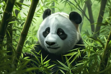 A majestic giant panda navigates through the lush green forest, its curious snout sniffing at the vibrant plants and trees, embodying the essence of a wild and enchanting terrestrial animal