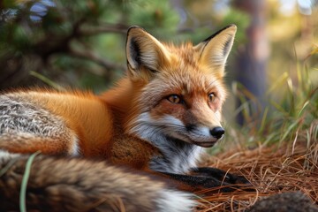 Obraz premium A graceful fox rests peacefully among the swaying grass, embodying the wild spirit of its swift, red, and grey kin
