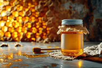 Mockup of glass jar with honey and label with empty space